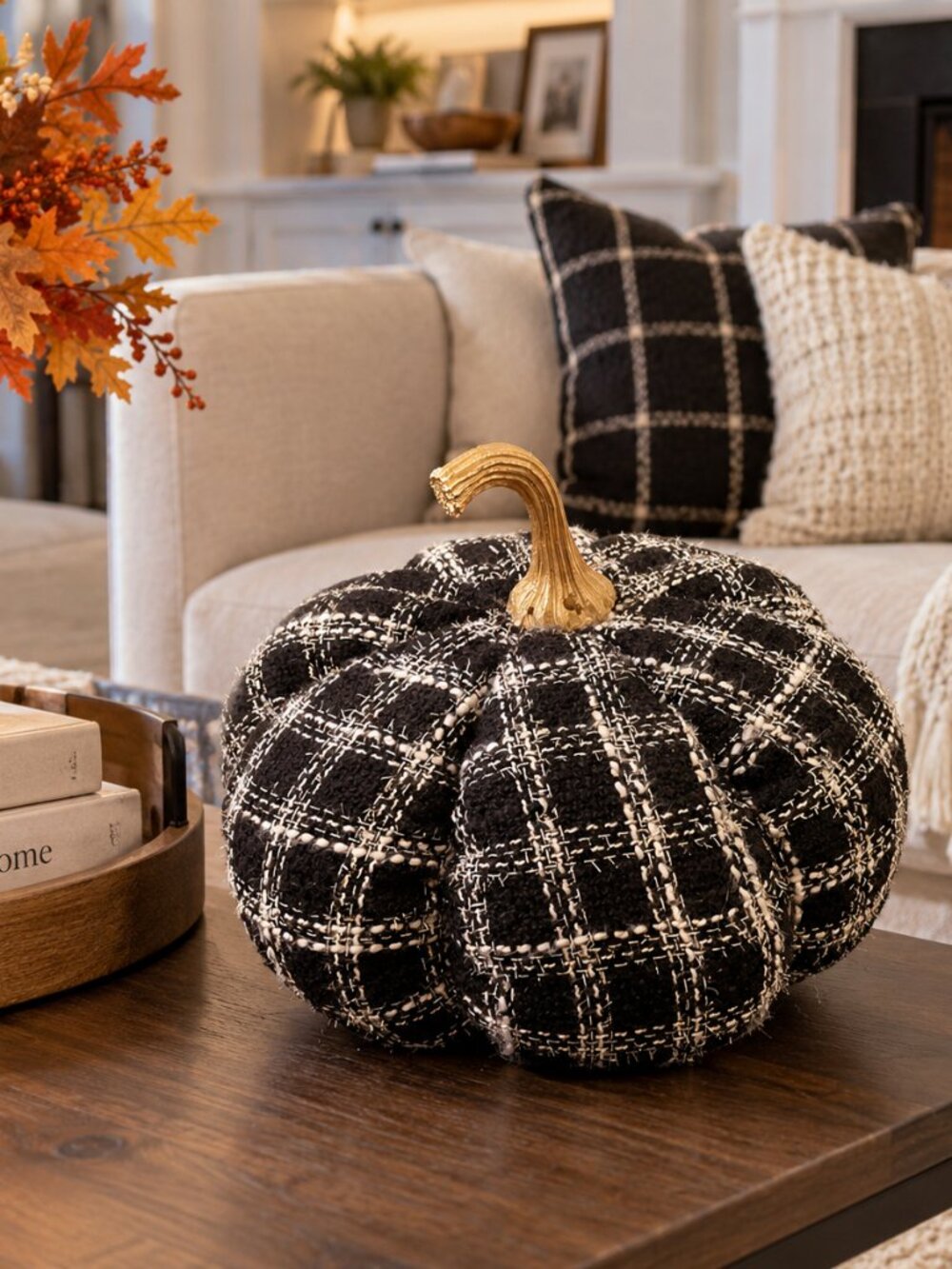 black-and-white plaid fabric pumpkin